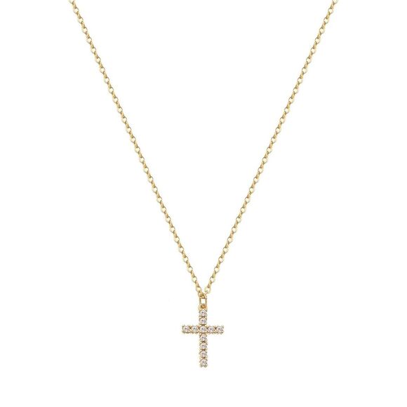 18K Gold Plated Cubic Zirconia Women's Cross Necklace Hypoallergenic Waterproof - Picture 1 of 13